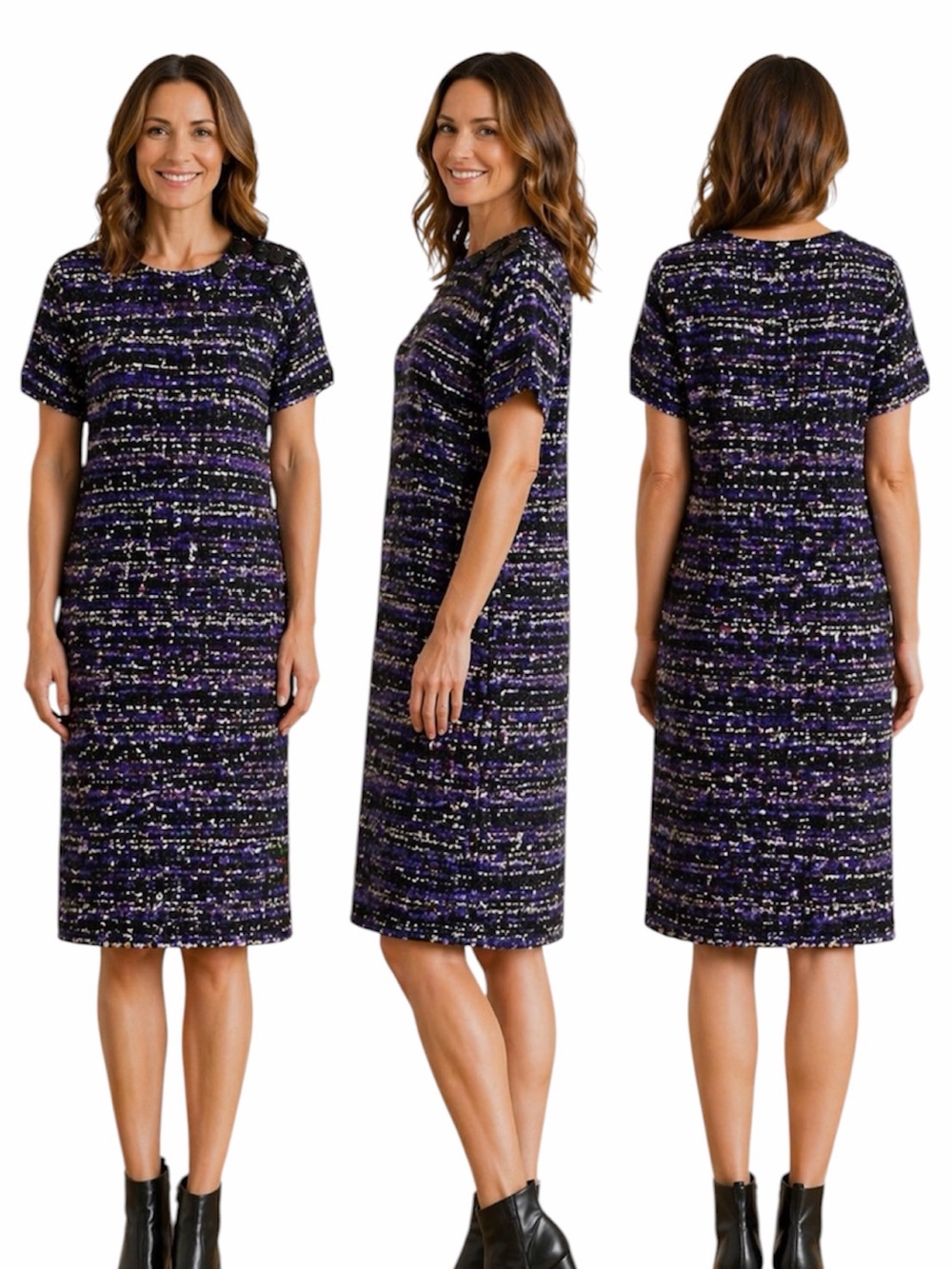 Kate Spade purple & black tweed shift with neck buttons dress size S